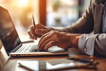 Fototapeta premium Close up of businessman hands typing on laptop keyboard. Close up of male hands typing on laptop keyboard. Business concept