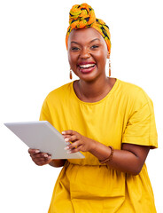Tablet, happy and business with portrait of black woman on png for web design, creative and social...