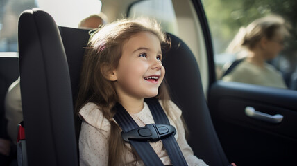 photograph of Happy girl in a child car seat wearing a seatbelt while traveling by car. generative ai. Safe movement of children in the car.