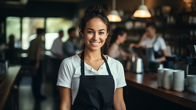A female barista smiles at the viewer, her busy workplace at the back