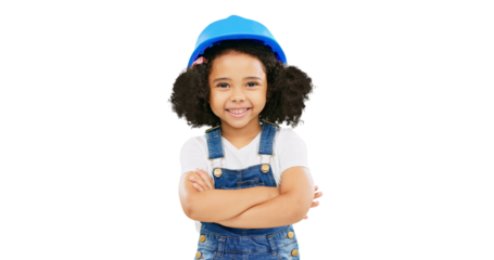 Little girl, architect and portrait smile in construction with safety helmet isolated on a transparent PNG background. Small, happy and young child or kid contractor with arms crossed in architecture
