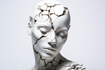 Isolated, broken white stature of a woman's head and shoulders, showing stress, emotion, challenge. On a white background
