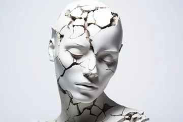 Poster Isolated, broken white stature of a woman's head and shoulders, showing stress, emotion, challenge. On a white background © ImageDesign