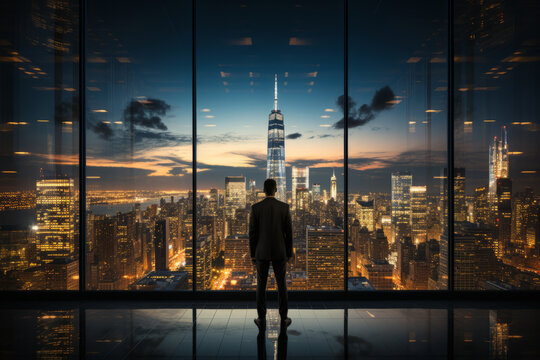 photograph of Person standing in front of a large glass window, looking out at the city skyline, representing the idea of of clear vision and a long-term perspective in achieving business success.