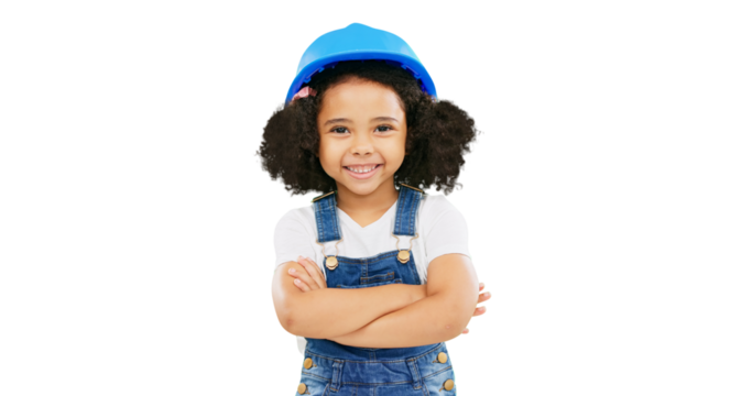 Little girl, architect and portrait smile in construction with safety helmet isolated on a transparent PNG background. Small, happy and young child or kid contractor with arms crossed in architecture