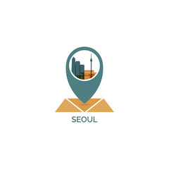 South Korea Seoul map pin point geolocation modern skyline shape pointer vector logo icon isolated illustration. Asian Korean city pointer emblem with landmarks and building silhouettes