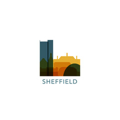 Obraz premium UK, England, Sheffield cityscape, skyline, panorama vector flat logo, icon. United Kingdom, South Yorkshire town emblem contour with landmarks and buildings