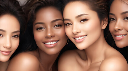 Nature young Beauty. Multi Ethnic Group of Womans with diffrent types of skin together