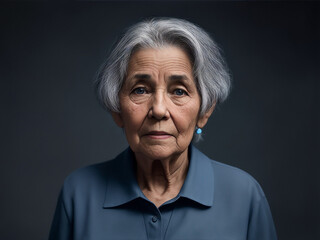 Obraz premium Realistic photo elder woman with grey hair and a blue shirt stands in front of a dark background by Generative AI