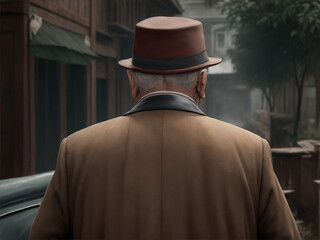 Fototapeta premium Realistic photo from back of gangster old man 1920 year colorized by Generative AI