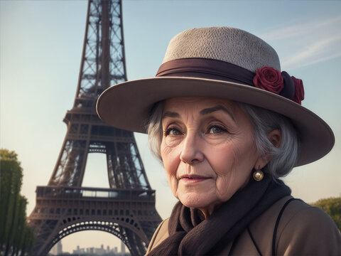 Realistic photo of a old woman with a hat on the background of the Eiffel Tower by Generative AI