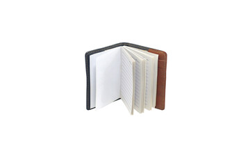 Close-up shot of close-up of leather cover notebook isolated on png file at transparent background.