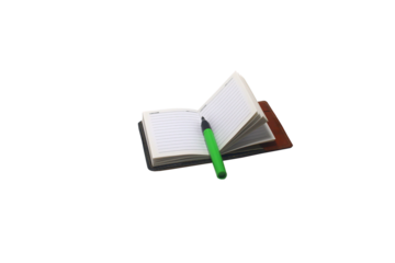 Close-up view of leather cover notebook with green pen placed isolated on png file at transparent background
