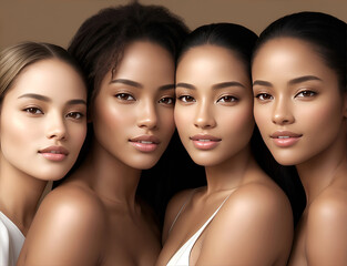 Nature young Beauty. Multi Ethnic Group of Womans with diffrent types of skin together