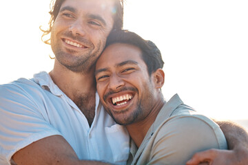 Love, hug and gay couple, men with sky and smile on summer vacation together in Thailand. Sunset, ocean and romance, happy lgbt people embrace in nature on fun holiday with pride, laughing and fun. - obrazy, fototapety, plakaty