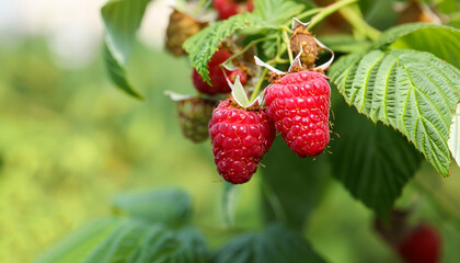 Red raspberries growing on bush outdoors, closeup. Space for text