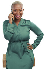 Phone call, smile and happy portrait, black woman isolated on transparent png background, communication and networking. Conversation, discussion and African businesswoman on cellphone with connection