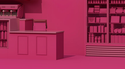 Viva magenta is trendy color of Convenience store. Vending machine with dark pink background, 3d rendering. Flat colors, single color, restaurant furniture.
