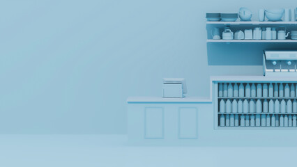 The green model of Convenience store.Vending machine with pastel blue background, 3d rendering. Flat colors, single color, restaurant furniture. 