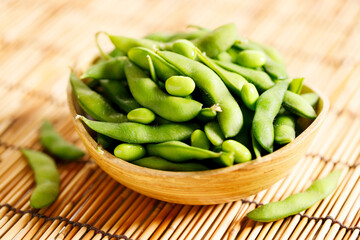 Boiled green soybeans in a bowl.