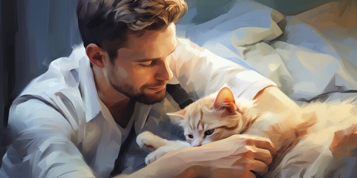 illustration of a modern veterinarian examining the cat, oil painting, generative AI