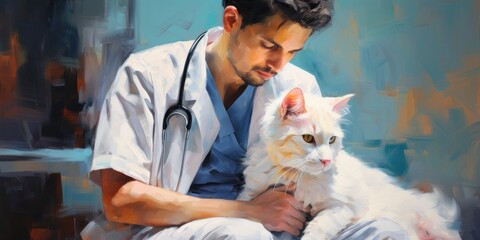 illustration of a modern veterinarian examining the cat, oil painting, generative AI