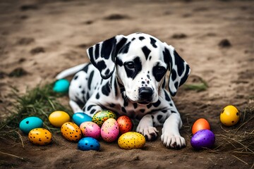 puppy with easter eggs