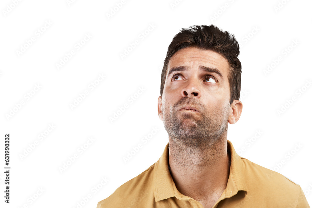 Aufkleber Isolated man, thinking and confused face with ideas, question or brainstorming by transparent png background. Guy, problem solving and solution with mind, looking or wonder for future, goal or vision