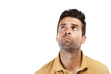 Isolated man, thinking and confused face with ideas, question or brainstorming by transparent png...