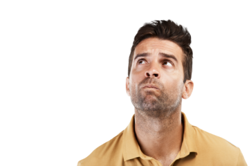 Isolated man, thinking and confused face with ideas, question or brainstorming by transparent png background. Guy, problem solving and solution with mind, looking or wonder for future, goal or vision