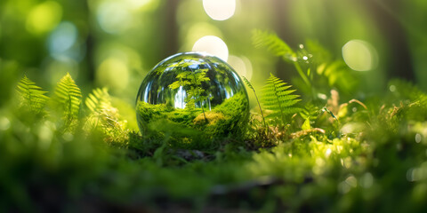 Obraz na płótnie Canvas Environment Concept. Globe Glass In Green Forest With Sunlight.