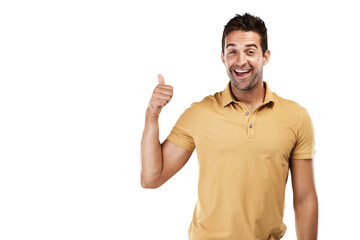 Happy man, portrait or thumbs up for success, thank you or like isolated on transparent PNG background. Smile, hand gesture or excited male person with success, yes sign or vote on an okay review