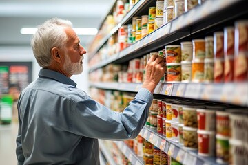 senior white man in supermarket choosing canned goods