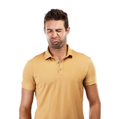 Man, funny face and disgust for problem, bad smell and odor on isolated, transparent and png...