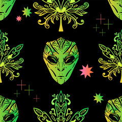 Cannabis leaves seamless pattern with alien, background. Vector illustration in neon, fluorescent colors
