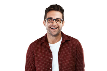 Happy, glasses and funny with portrait of man on png for eye health, optometry and fashion. Nerd,...