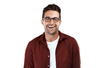 Happy, glasses and funny with portrait of man on png for eye health, optometry and fashion. Nerd, smile and happiness with person isolated on transparent background for prescription, lens and frames