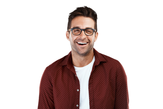 Happy, glasses and funny with portrait of man on png for eye health, optometry and fashion. Nerd, smile and happiness with person isolated on transparent background for prescription, lens and frames