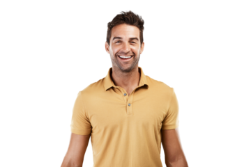 Isolated man, smile and confident in portrait, yellow shirt and trendy clothes by transparent png background. Guy, male fashion model and happy person with excited face for modern style in London