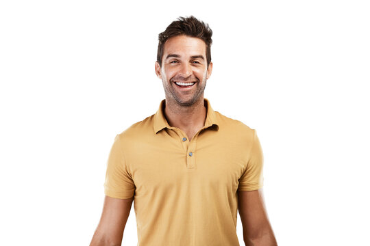 Isolated man, smile and confident in portrait, yellow shirt and trendy clothes by transparent png background. Guy, male fashion model and happy person with excited face for modern style in London - Powered by Adobe