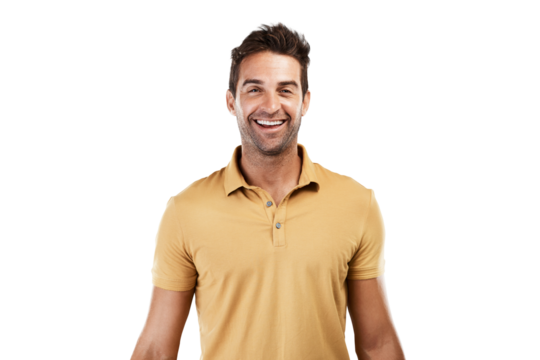 Isolated man, smile and confident in portrait, yellow shirt and trendy clothes by transparent png background. Guy, male fashion model and happy person with excited face for modern style in London