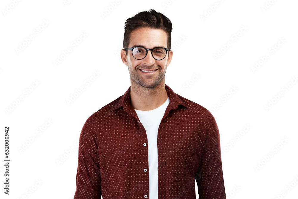 Poster happy, glasses and optometry with portrait of man on png for eye health, geek and fashion. nerd, smi