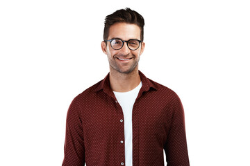 Happy, glasses and optometry with portrait of man on png for eye health, geek and fashion. Nerd,...