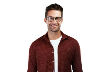 Happy, glasses and optometry with portrait of man on png for eye health, geek and fashion. Nerd, smile and happiness with person isolated on transparent background for prescription, lens and frames