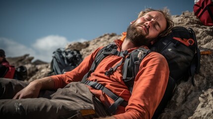 Exhausted hiker shortly before the summit