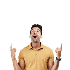 Pointing up, surprise or man excited by sale, retail product offer or discount deal isolated on png background. Transparent, wow or happy person showing results, news info or menu choice promotion