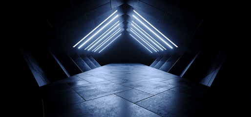 Sci Fi Showcase Modern Cyber Asphalt Parking Cement Concrete Dark Led Tubes Neon Glowing Blue Tunnel Corridor Hangar Hallway Warehouse Underground Studio Showroom 3D Rendering