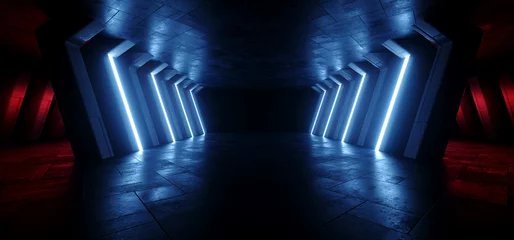 Neon Laser Purple Blue Parking Sci Fi Futuristic Alien Spaceship Concrete Stone Cement Purple Blue Glowing Corridor Tunnel Showroom Hangar Underground Hallway Basement 3D Rendering © IM_VISUALS