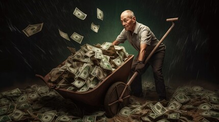 man pushing a wheelbarrow full of money. 

Made with the highest quality generative AI tools - obrazy, fototapety, plakaty