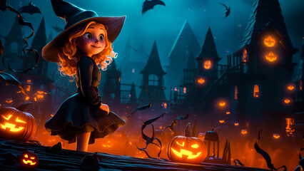 Halloween cute witch girl 3d character cartoon style with and castle pumpkin background for banner